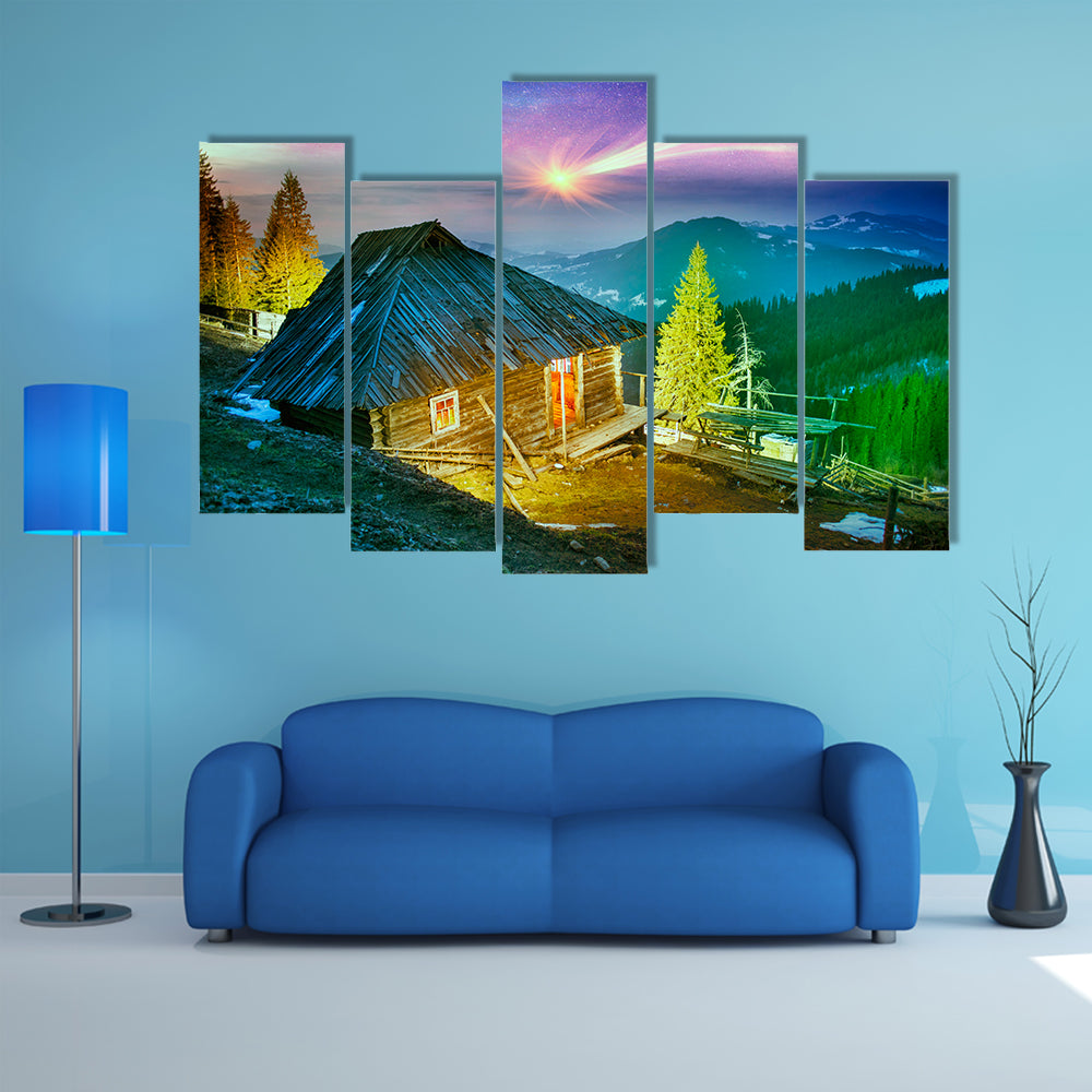 Under The Alpine Peaks, In The Highland Pastures Are Home Summer Habitation Multi Panel Canvas Wall Art