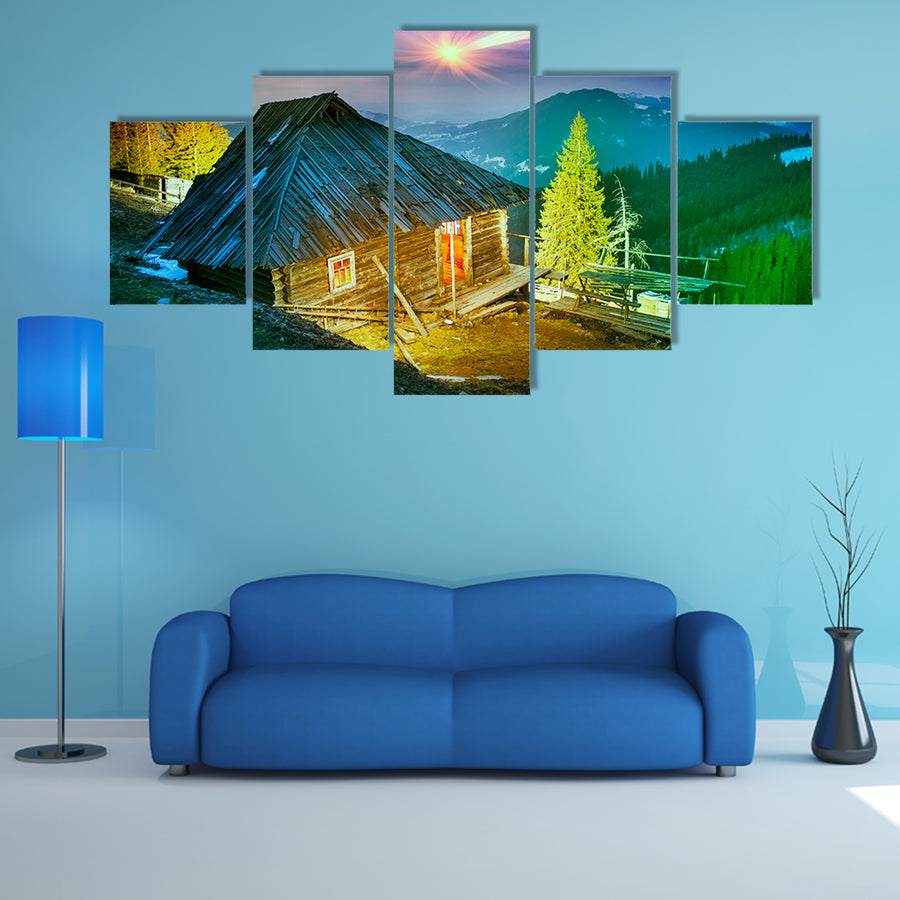 Under The Alpine Peaks, In The Highland Pastures Are Home Summer Habitation Multi Panel Canvas Wall Art