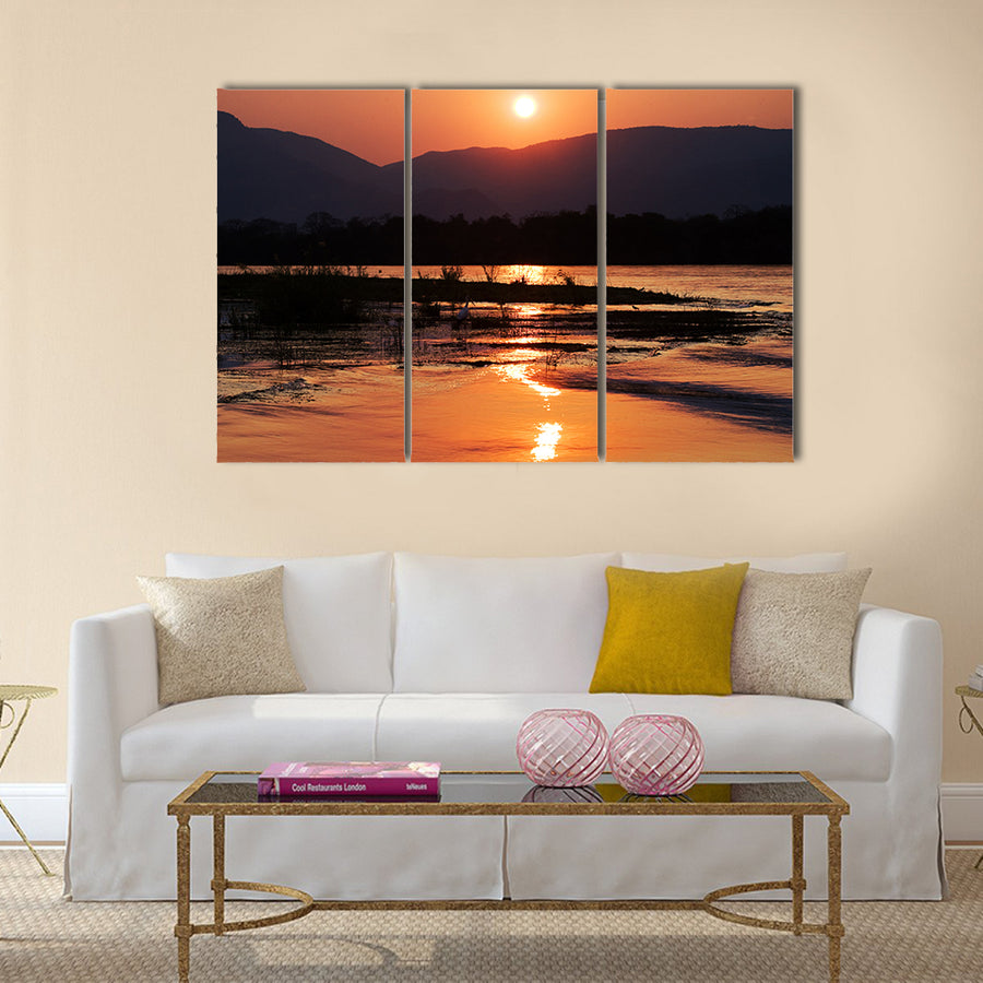 Sunset on the Zambezi River Africa Border of Zambia and Zimbabwe Multi panel canvas wall art