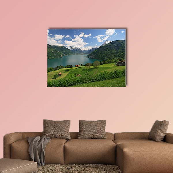Looking over fields, farms and Lake Lucerne in Switzerland Multi panel canvas wall art