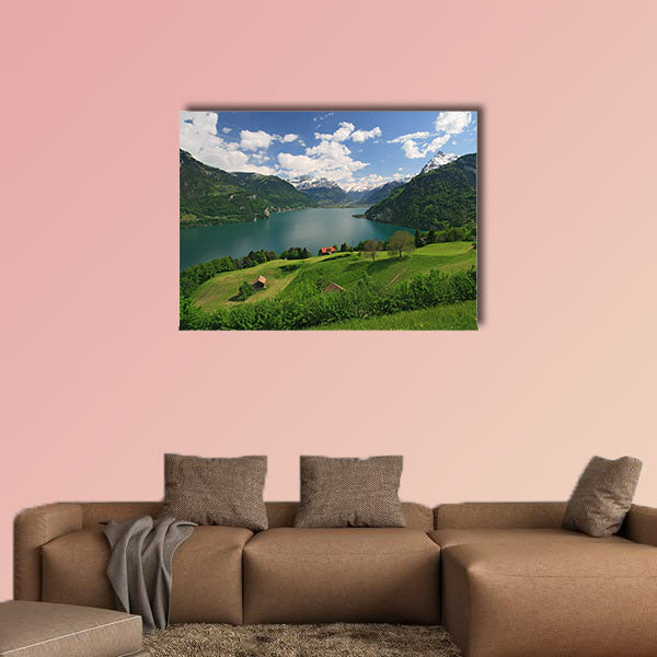 Looking over fields, farms and Lake Lucerne in Switzerland multi panel canvas wall art
