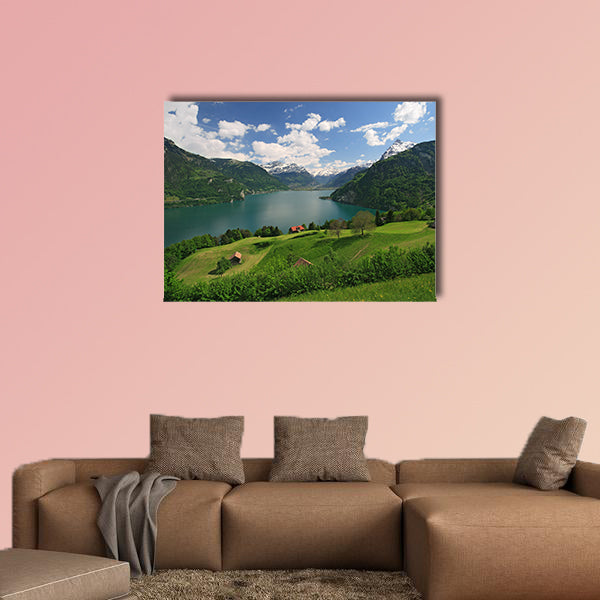 Looking over fields, farms and Lake Lucerne in Switzerland multi panel canvas wall art