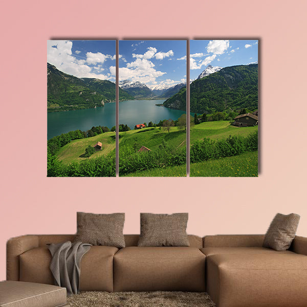 Looking over fields, farms and Lake Lucerne in Switzerland Multi panel canvas wall art