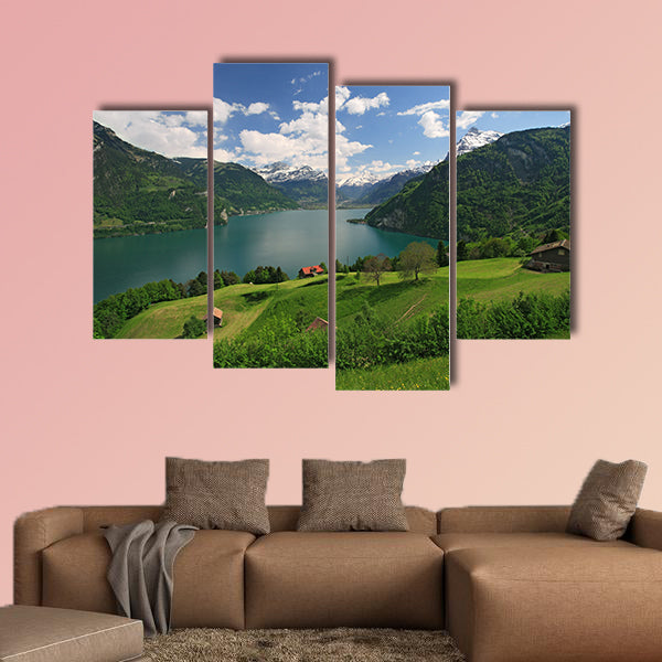 Looking over fields, farms and Lake Lucerne in Switzerland multi panel canvas wall art