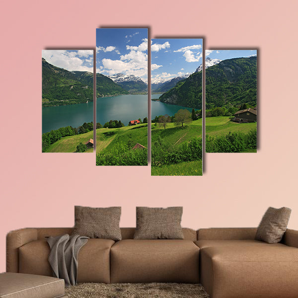 Looking over fields, farms and Lake Lucerne in Switzerland Multi panel canvas wall art