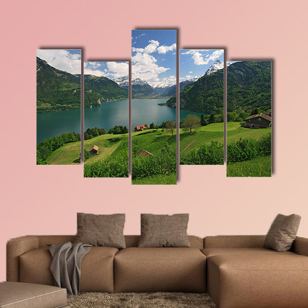 Looking over fields, farms and Lake Lucerne in Switzerland Multi panel canvas wall art