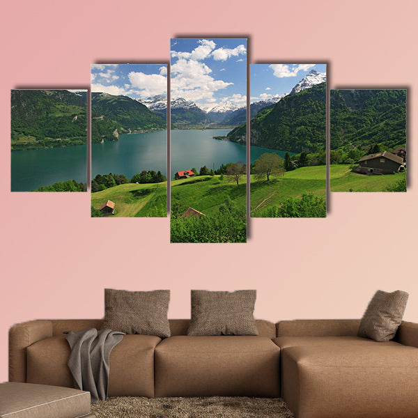 Looking over fields, farms and Lake Lucerne in Switzerland Multi panel canvas wall art