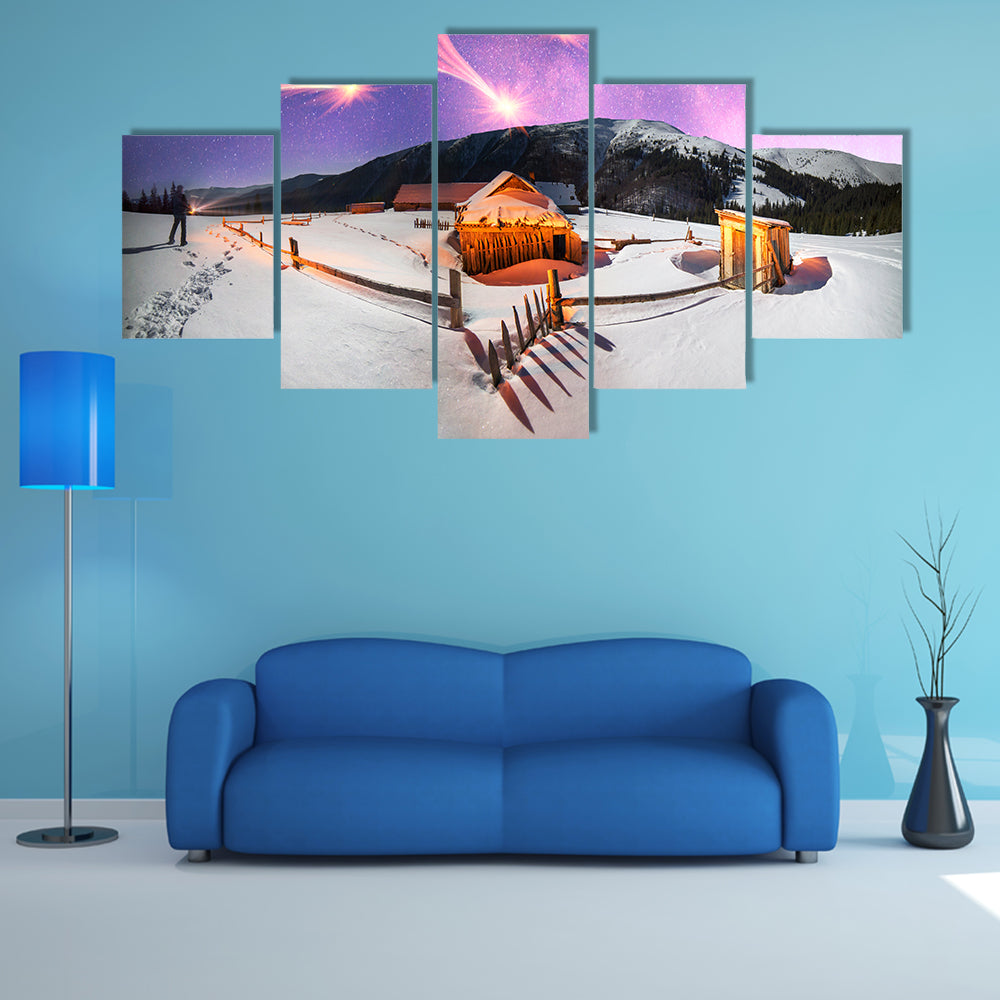 A Wild Carpathian Unique Hrebet, Montenegro, On The Background Of A Powerful Lantern Lit Shelte Multi Panel Canvas Wall Art