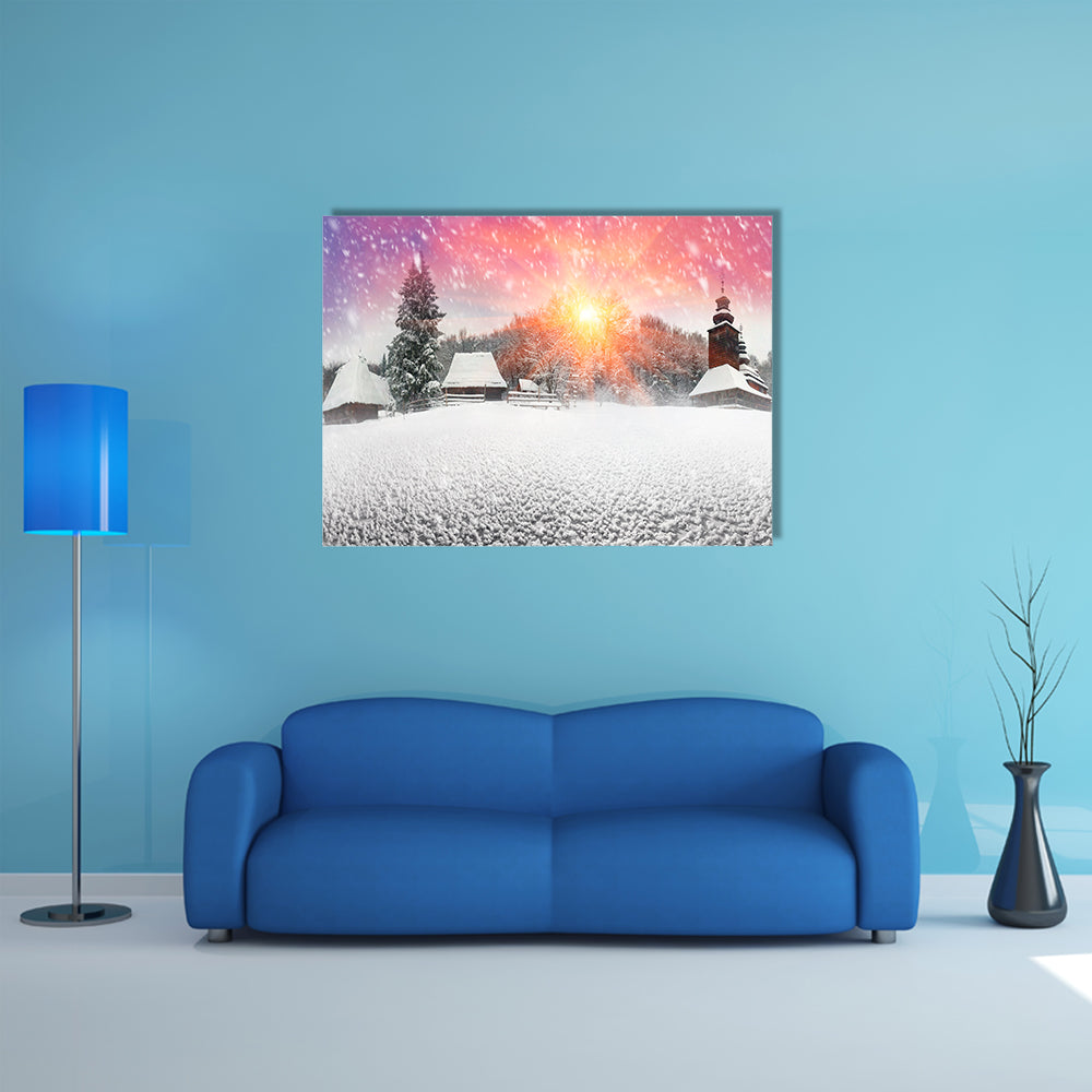The Beauty Of The Sunset In A Ukrainian Village Began Snowfall And Blizzards Multi Panel Canvas Wall Art