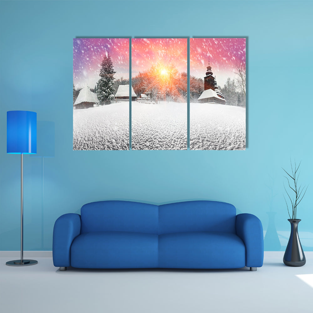 The Beauty Of The Sunset In A Ukrainian Village Began Snowfall And Blizzards Multi Panel Canvas Wall Art