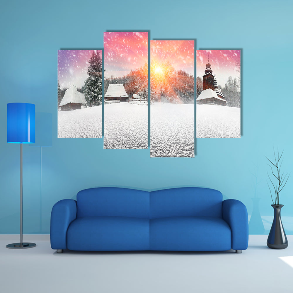 The Beauty Of The Sunset In A Ukrainian Village Began Snowfall And Blizzards Multi Panel Canvas Wall Art