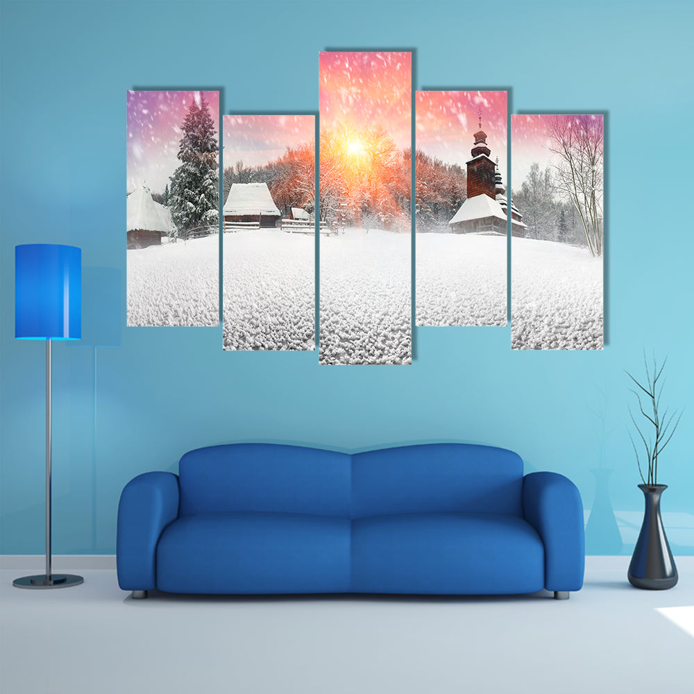 The Beauty Of The Sunset In A Ukrainian Village Began Snowfall And Blizzards Multi Panel Canvas Wall Art