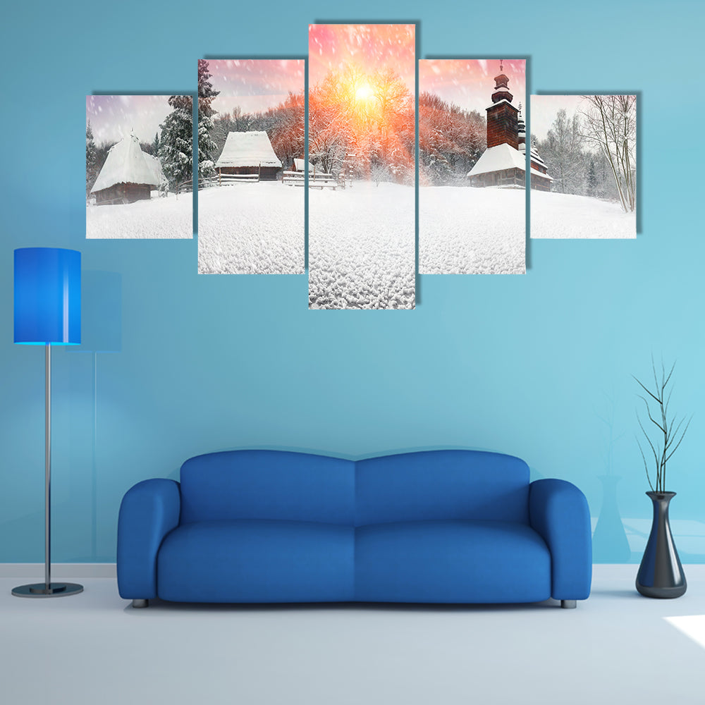 The Beauty Of The Sunset In A Ukrainian Village Began Snowfall And Blizzards Multi Panel Canvas Wall Art