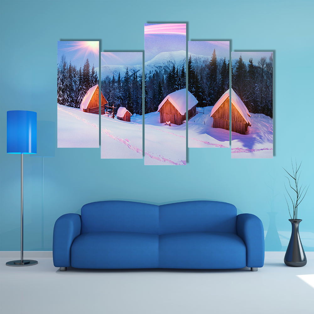 The High In The Mountains Of The Carpathians Is Situated The Village Of Shepherds Graze Cattle Multi Panel Canvas Wall Art