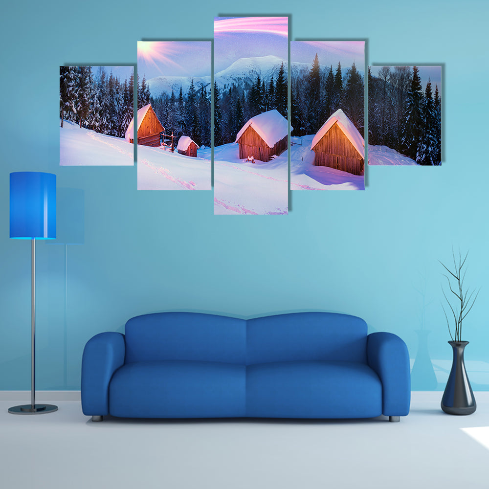 The High In The Mountains Of The Carpathians Is Situated The Village Of Shepherds Graze Cattle Multi Panel Canvas Wall Art