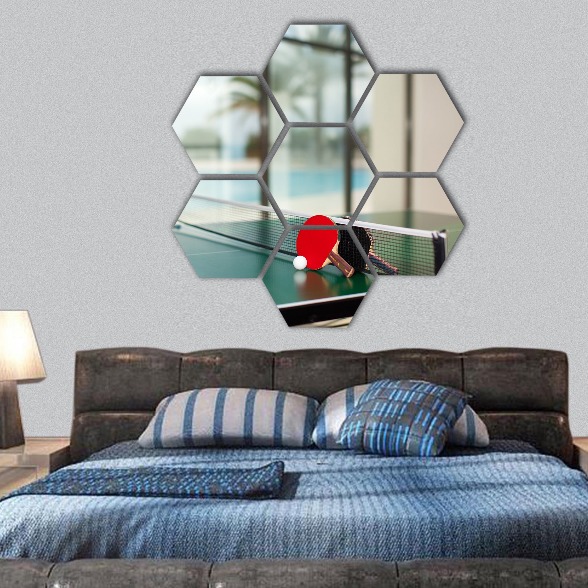 Rackets and balls on a green table with net hexagonal canvas wall art