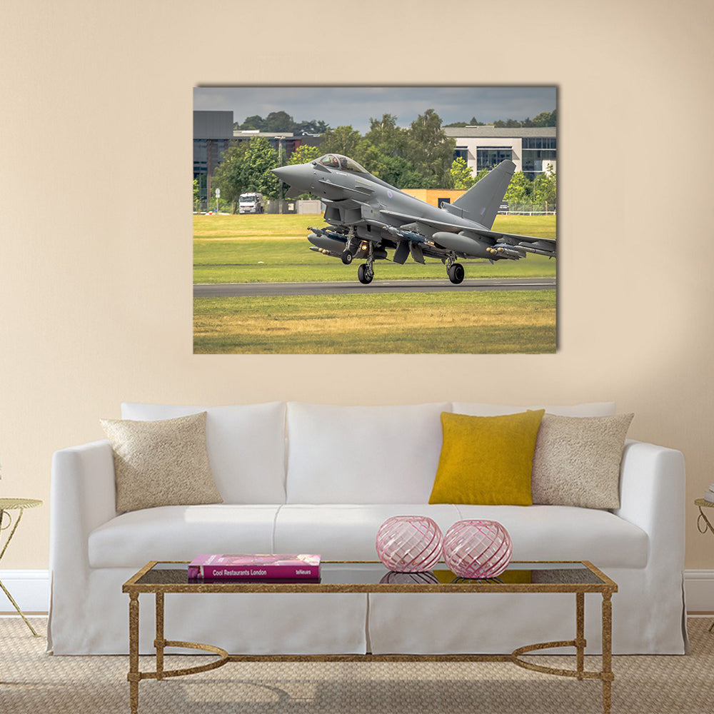 RAF Typhoon fighter bomber in flight at Farnborough Airshow multi panel canvas wall art