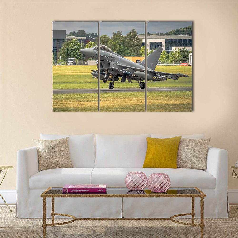 RAF Typhoon fighter bomber in flight at Farnborough Airshow multi panel canvas wall art