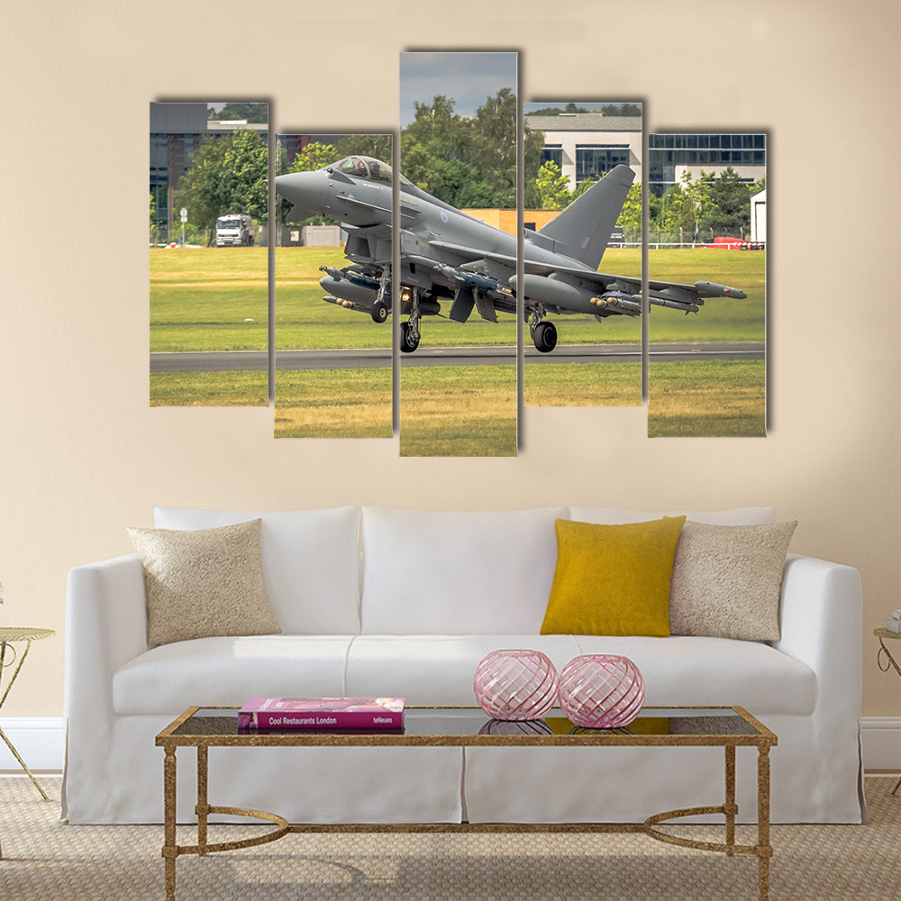 RAF Typhoon fighter bomber in flight at Farnborough Airshow multi panel canvas wall art