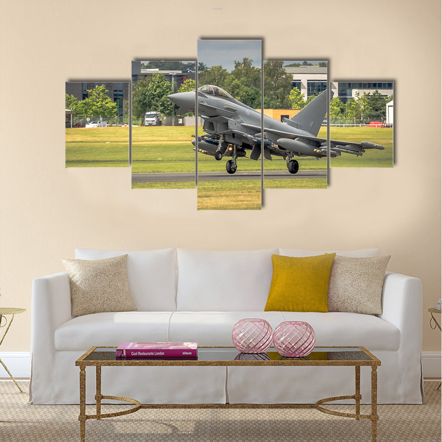 RAF Typhoon fighter bomber in flight at Farnborough Airshow multi panel canvas wall art