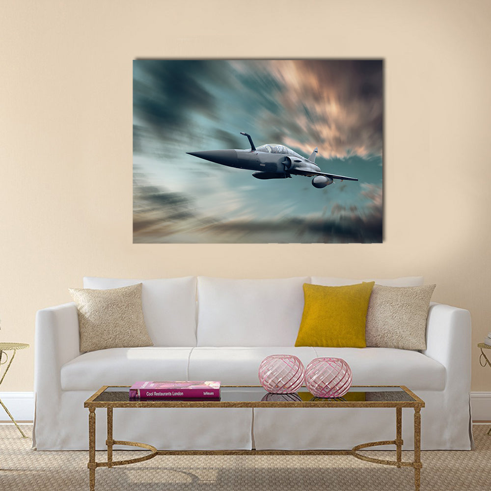 Military airplane on the speed in the sky multi panel canvas wall art