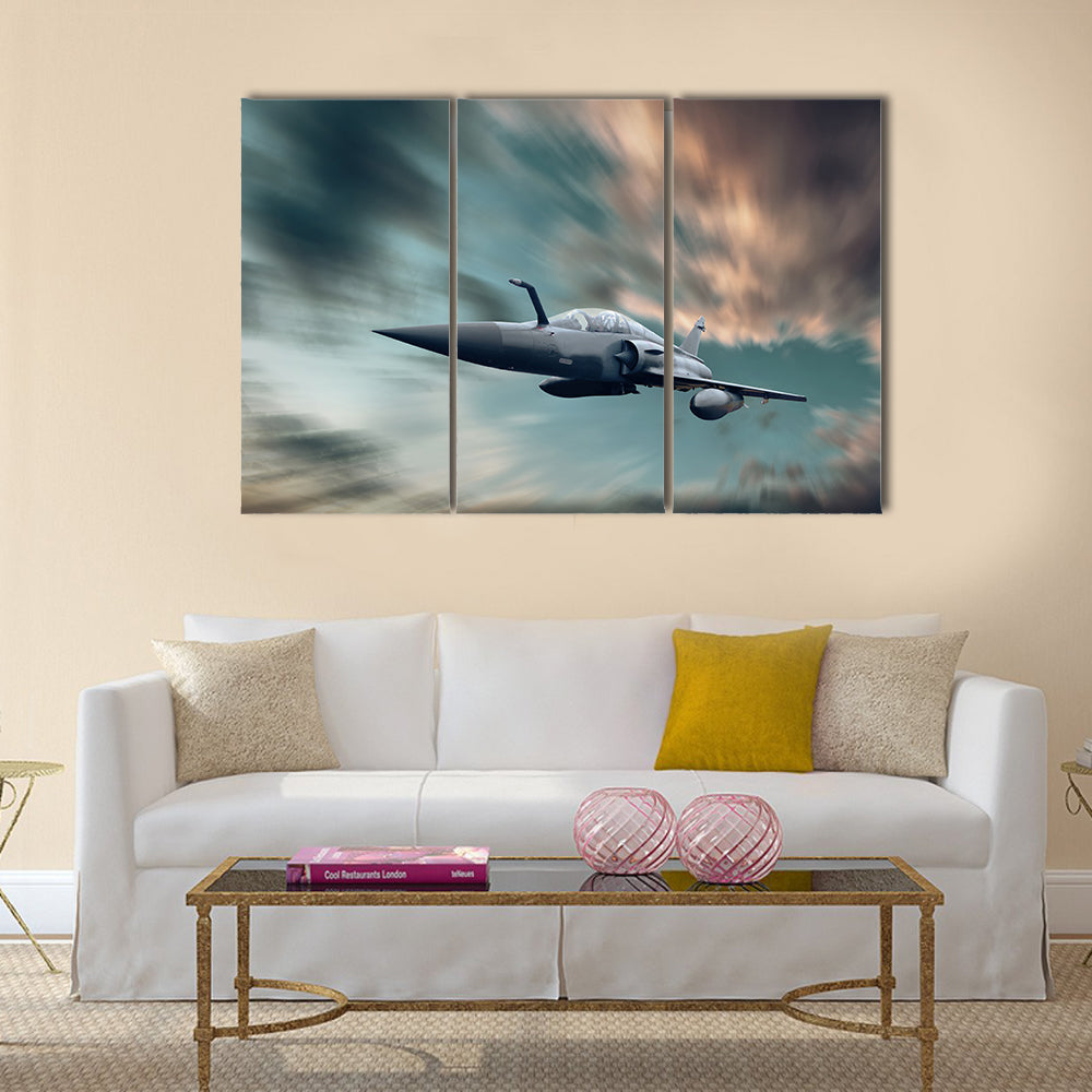 Military airplane on the speed in the sky multi panel canvas wall art