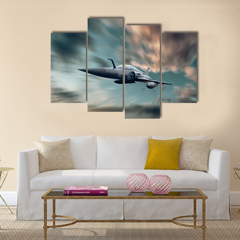 Military airplane on the speed in the sky multi panel canvas wall art