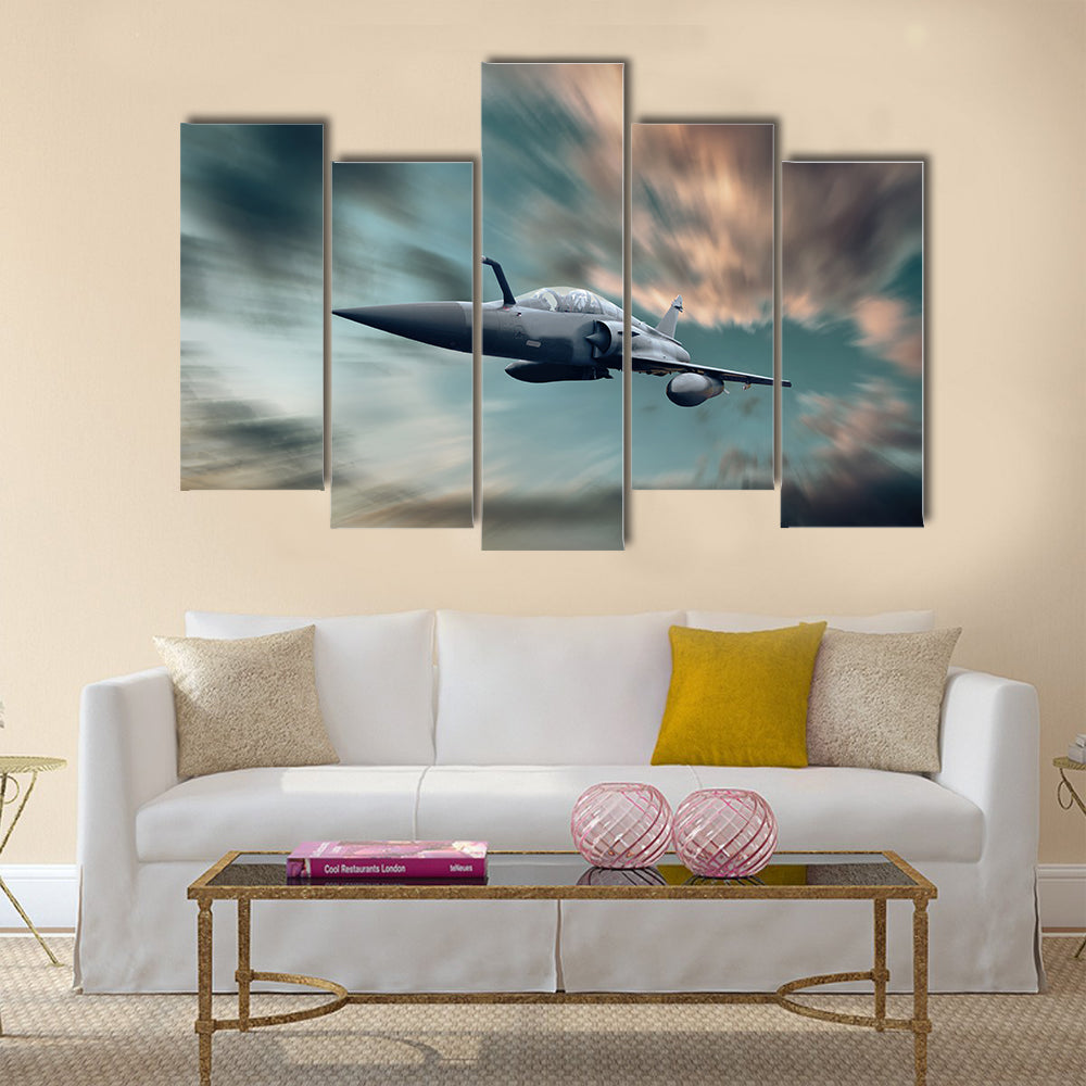 Military airplane on the speed in the sky multi panel canvas wall art