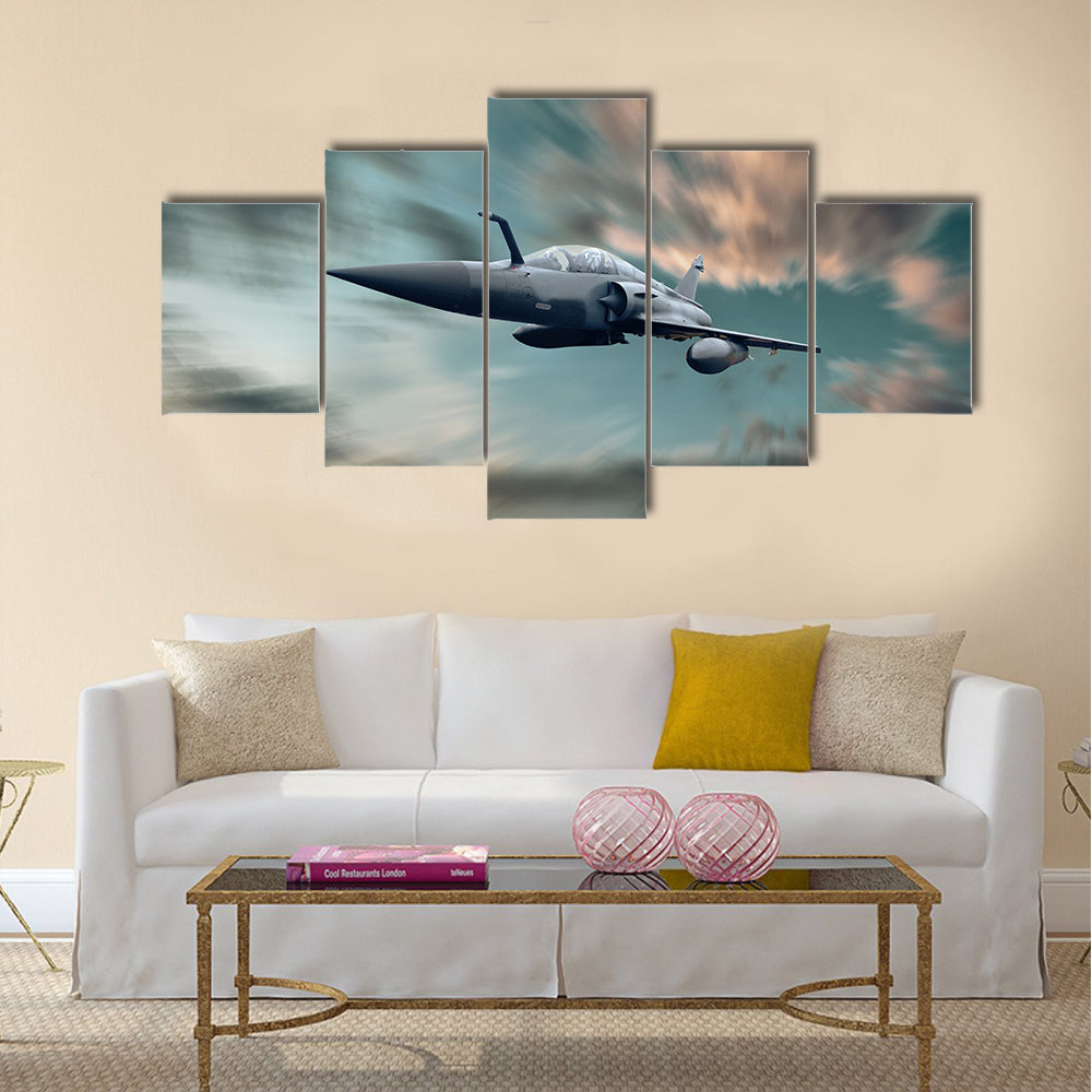 Military airplane on the speed in the sky multi panel canvas wall art