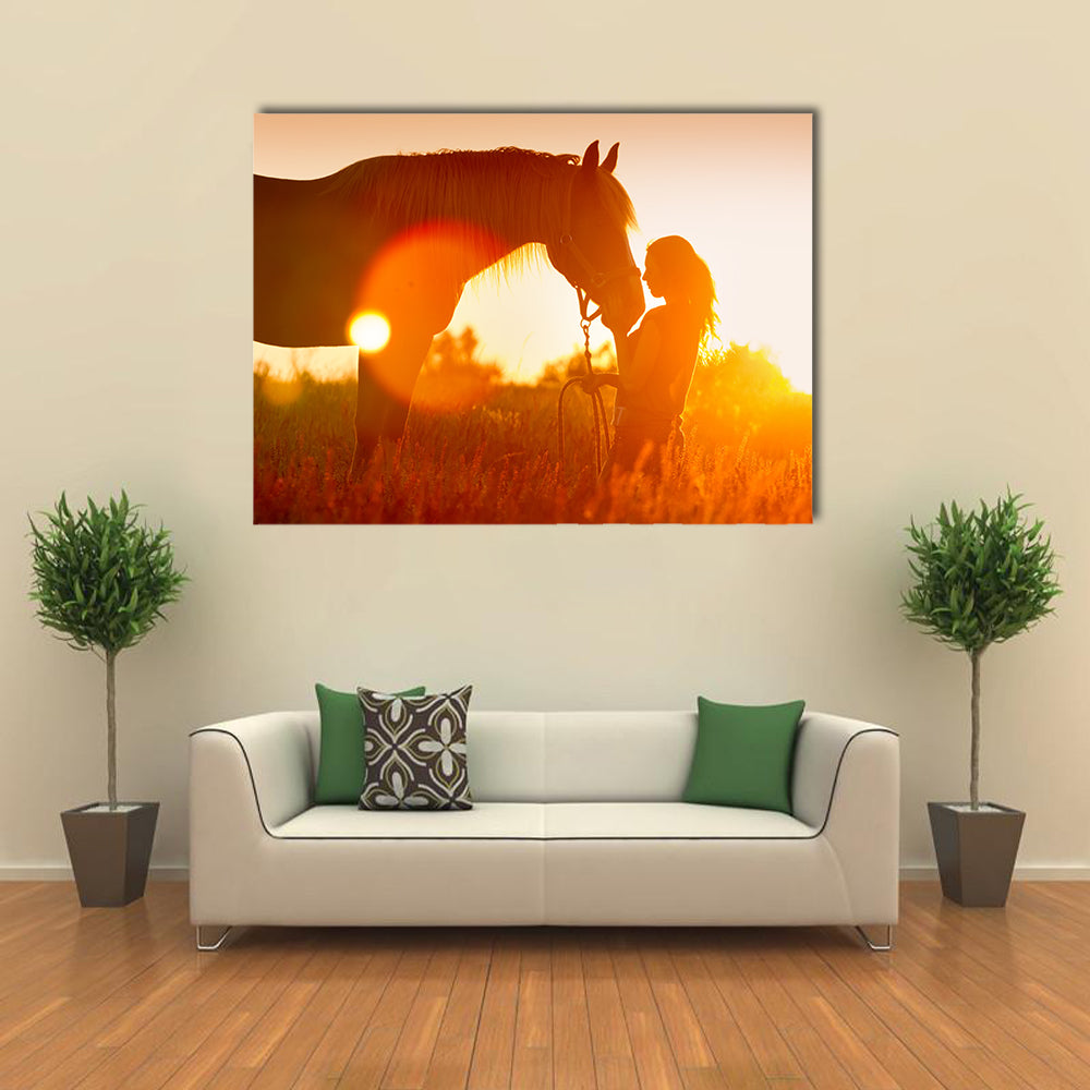 Beautiful silhouette of girl and horse at sunset multi panel canvas wall art