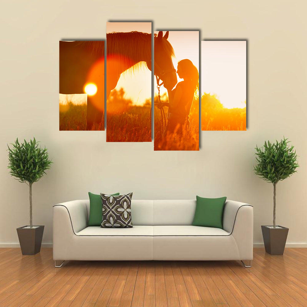 Beautiful silhouette of girl and horse at sunset multi panel canvas wall art