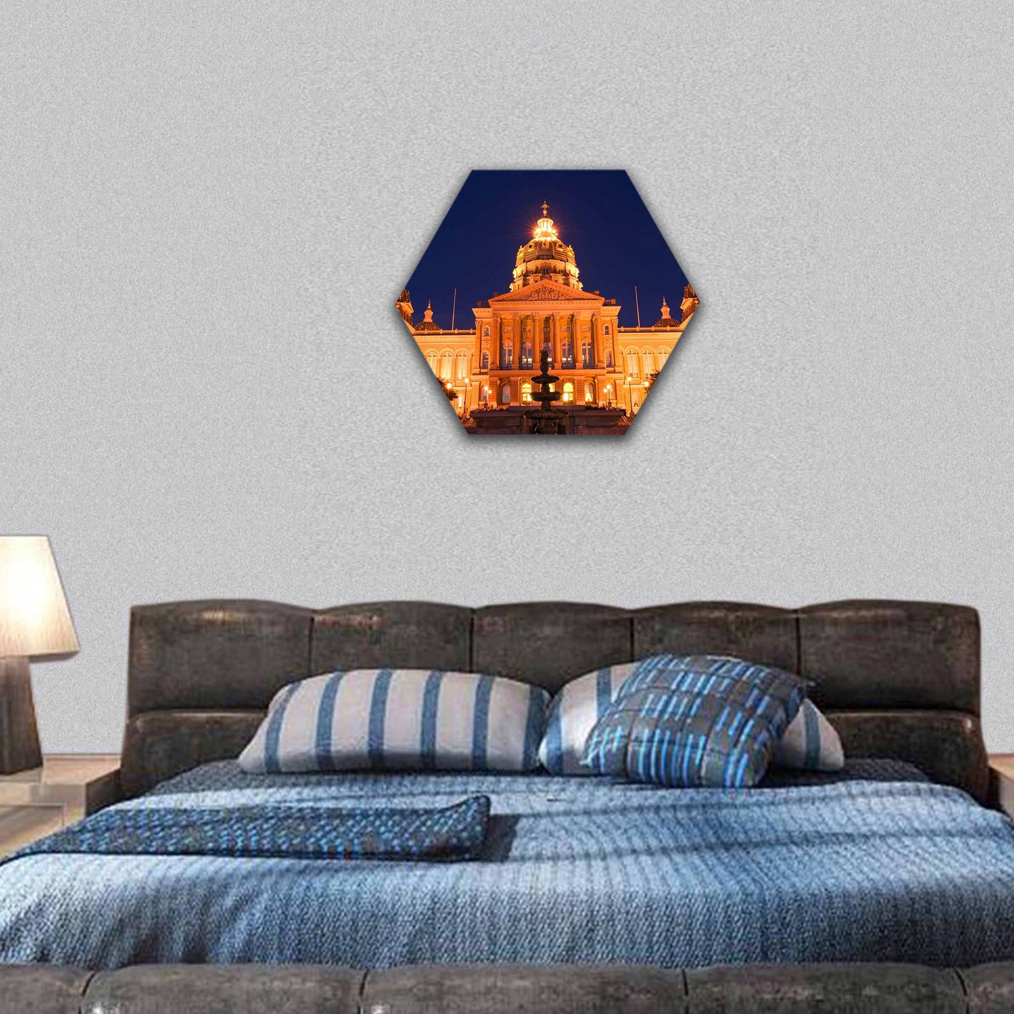 State Capitol at night in Des Moines, Iowa hexagonal canvas wall art