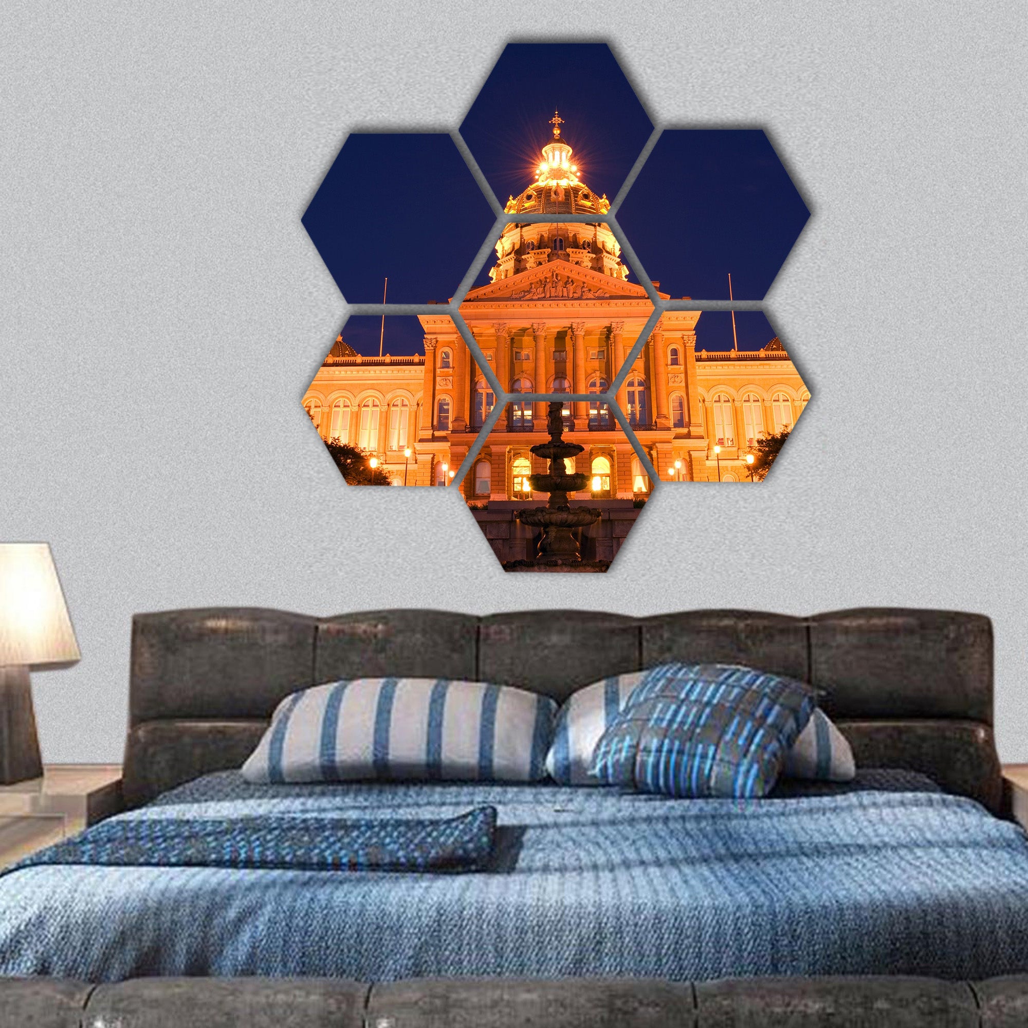 State Capitol at night in Des Moines, Iowa hexagonal canvas wall art