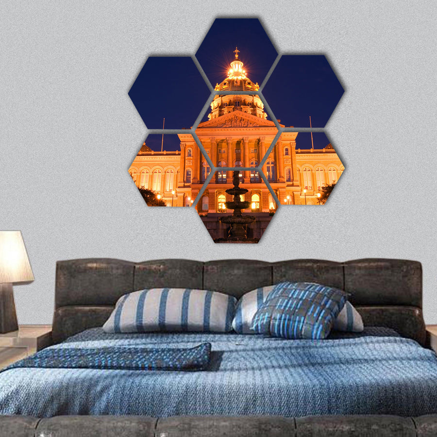 State Capitol at night in Des Moines, Iowa hexagonal canvas wall art