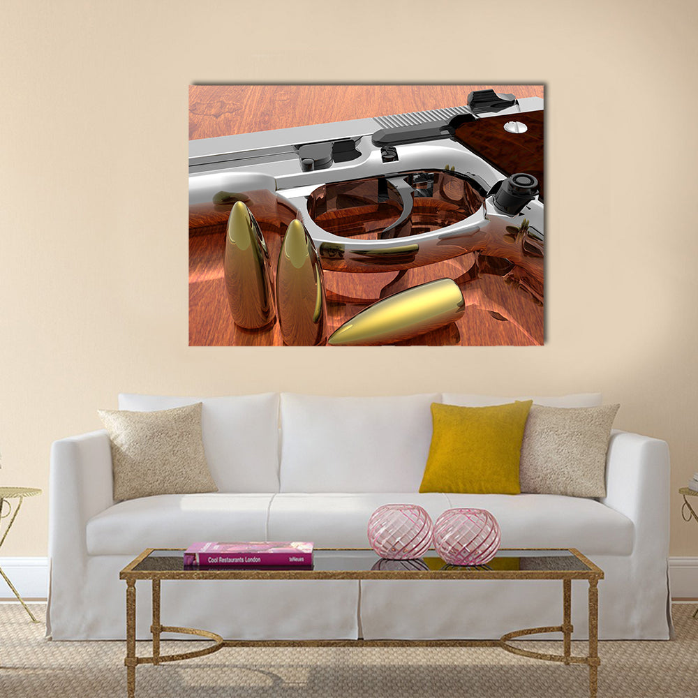 gun with bullets on the table multi panel canvas wall art