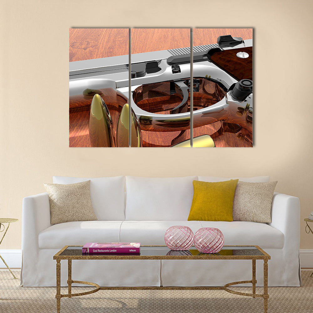 gun with bullets on the table multi panel canvas wall art