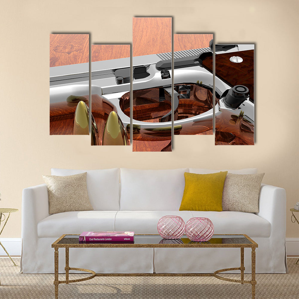 gun with bullets on the table multi panel canvas wall art