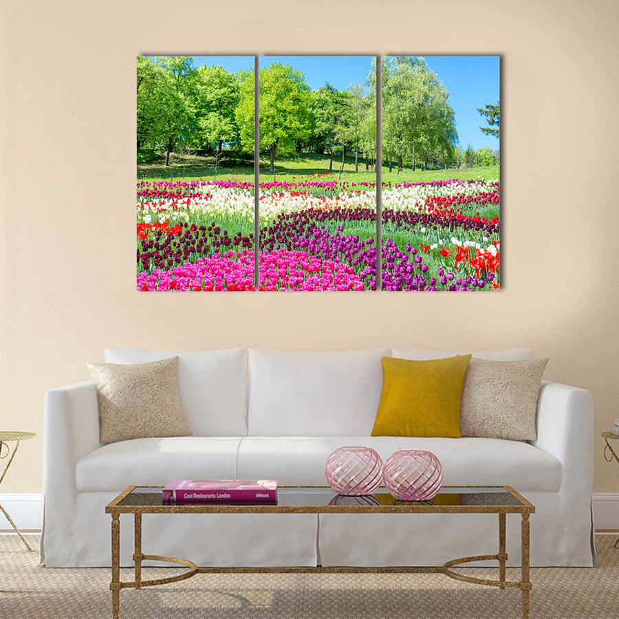Field of tulips with many colorful flowers in the green park Multi Panel Canvas Wall Art