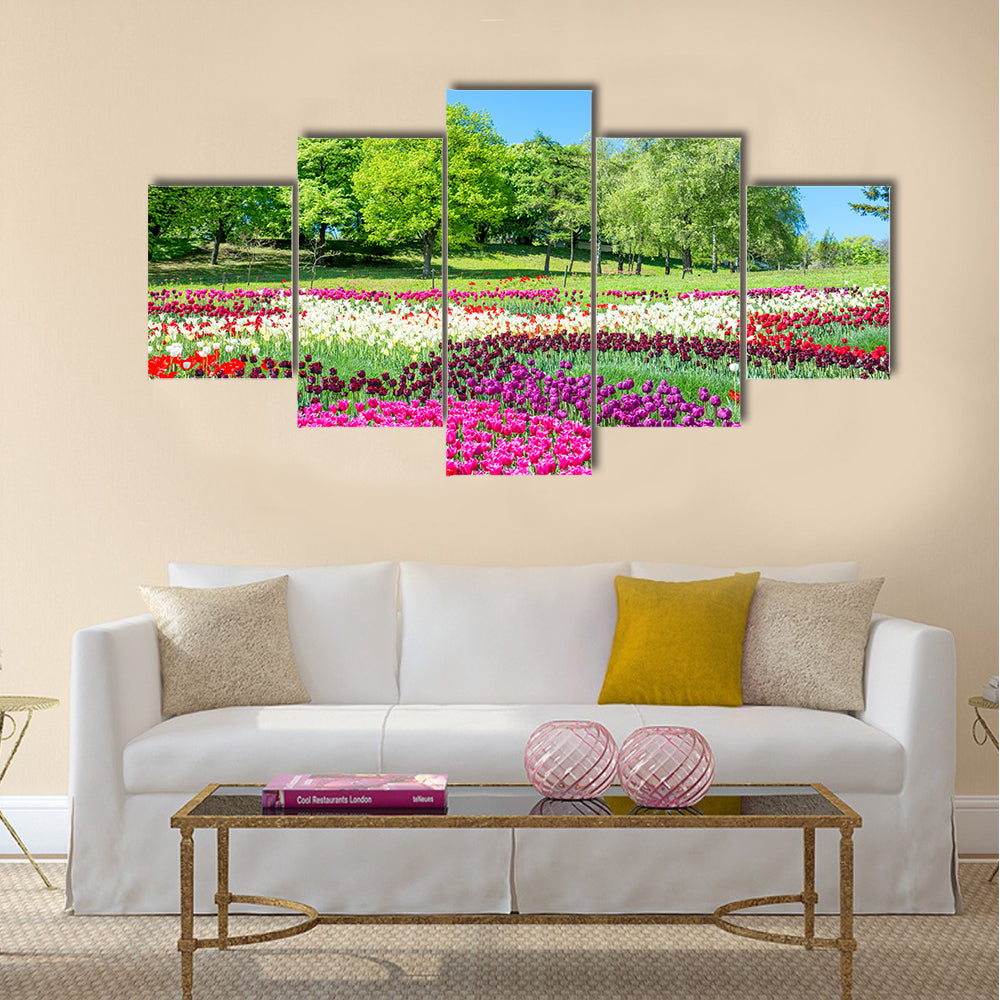 Field of tulips with many colorful flowers in the green park Multi Panel Canvas Wall Art