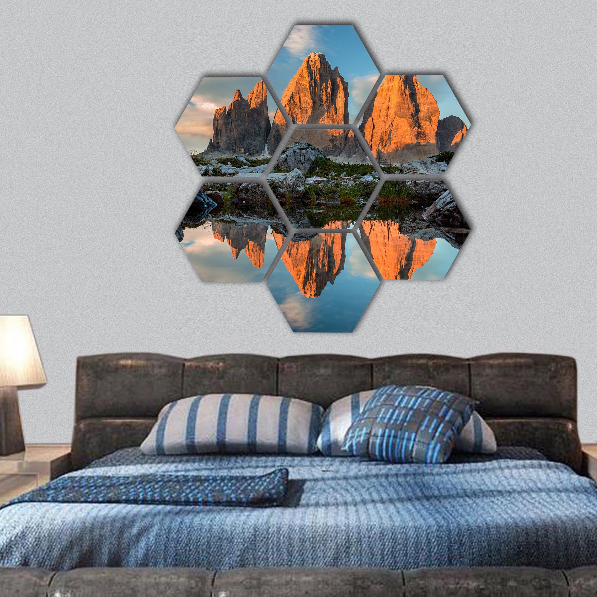 Tre Cime di Lavaredo with reflection in lake at sundown hexagonal canvas wall art