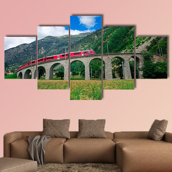 Swiss mountain train Bernina Express Cross the bridge multi panel canvas wall art