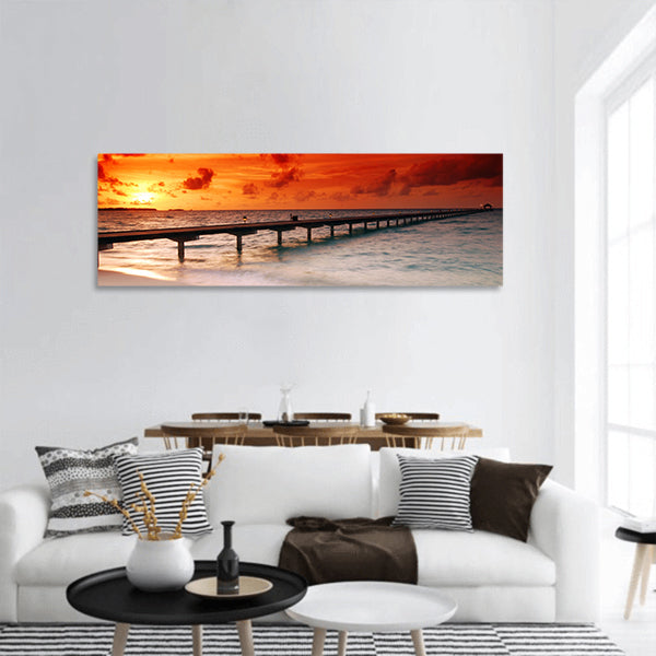 Sunset over sea and a jetty in tropical paradise of Caribbean Panoramic Canvas Wall Art