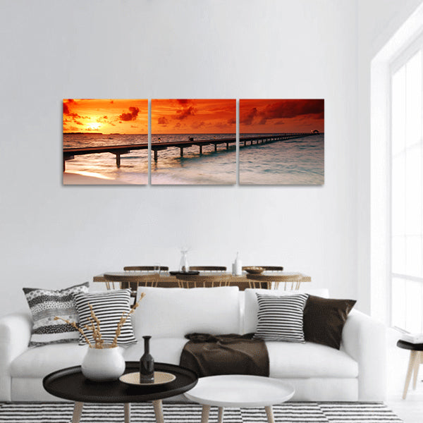 Sunset over sea and a jetty in tropical paradise of Caribbean Panoramic Canvas Wall Art