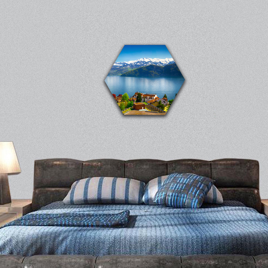 village Wegis, lake Lucerne Pilatus mountain and Swiss Alps hexagonal canvas wall art