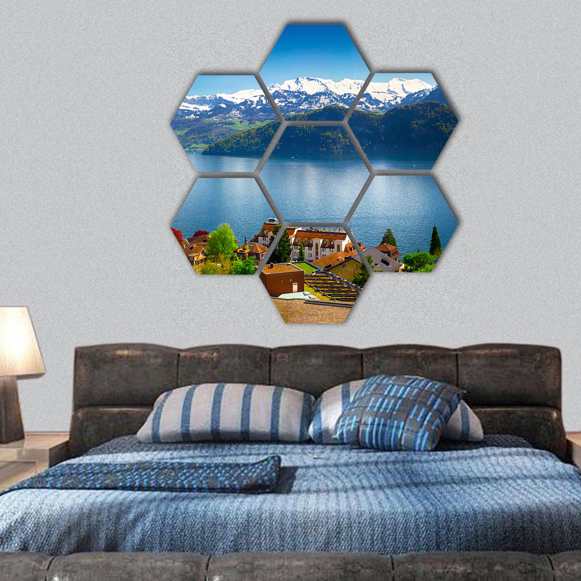 village Wegis, lake Lucerne Pilatus mountain and Swiss Alps hexagonal canvas wall art