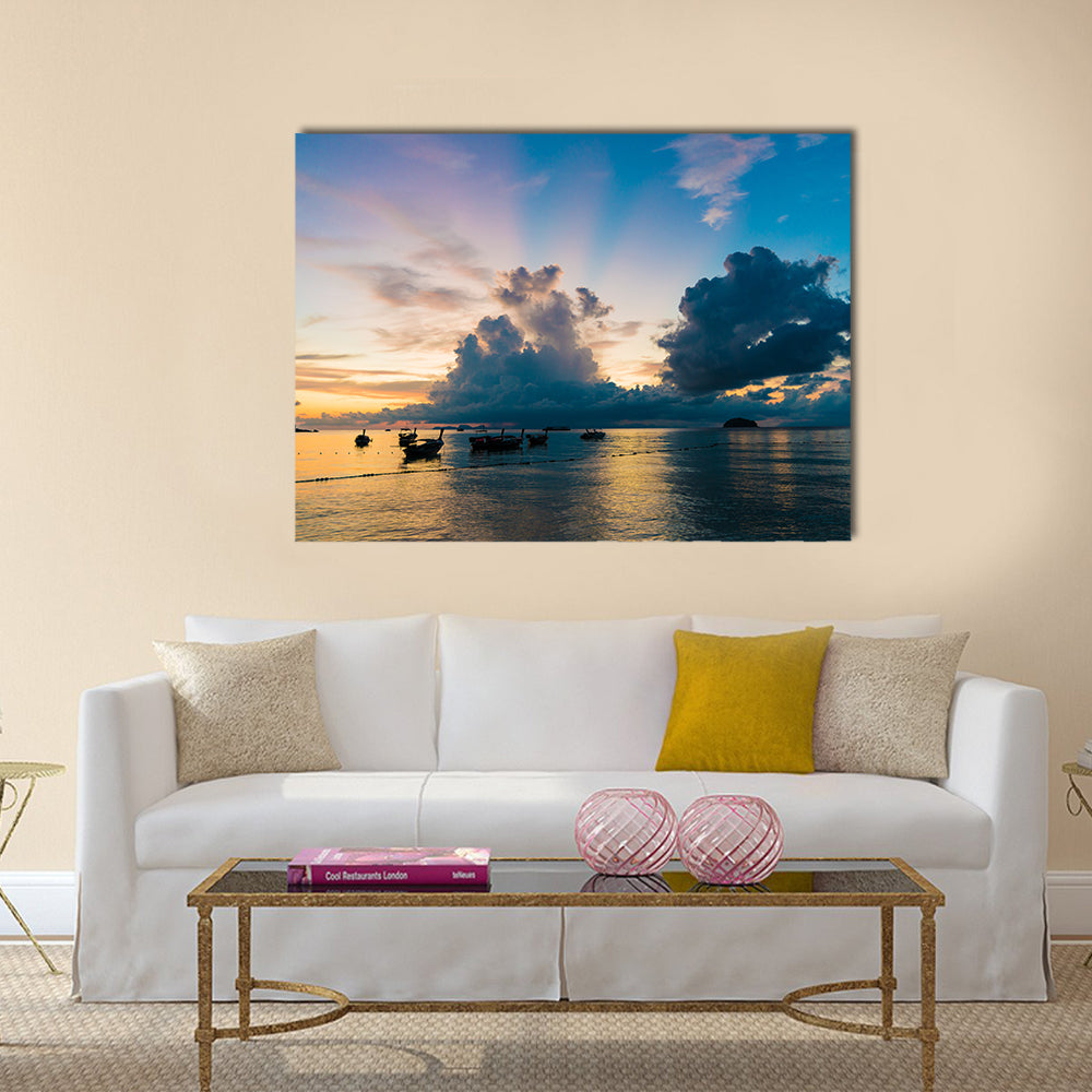 Reflection of Wooden Boat with Burning Sky during Sunrise in Andaman sea multi panel canvas wall art