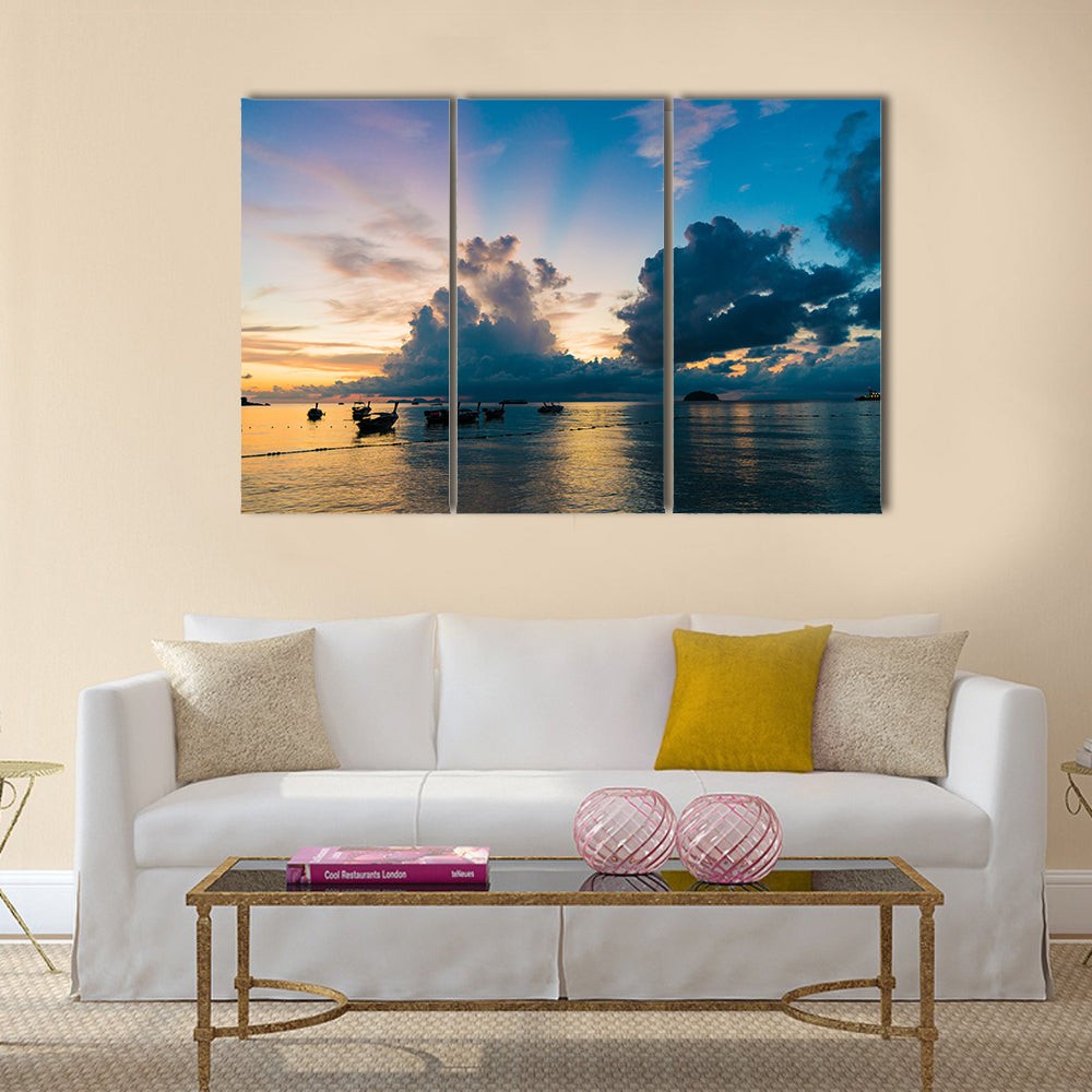 Reflection of Wooden Boat with Burning Sky during Sunrise in Andaman sea multi panel canvas wall art