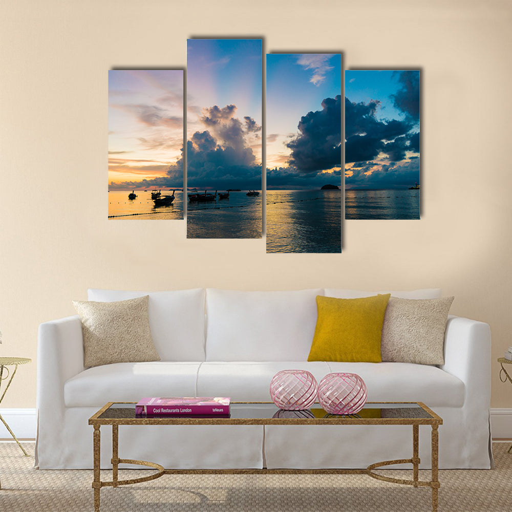 Reflection of Wooden Boat with Burning Sky during Sunrise in Andaman sea multi panel canvas wall art