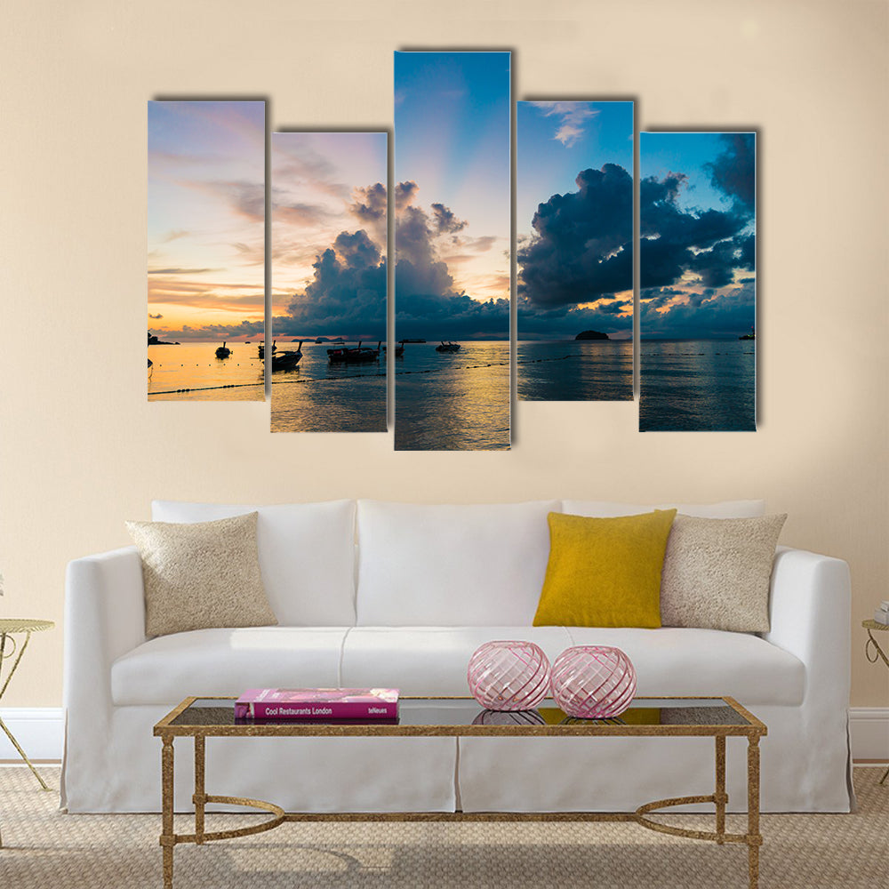 Reflection of Wooden Boat with Burning Sky during Sunrise in Andaman sea multi panel canvas wall art