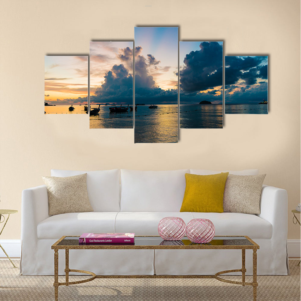 Reflection of Wooden Boat with Burning Sky during Sunrise in Andaman sea multi panel canvas wall art